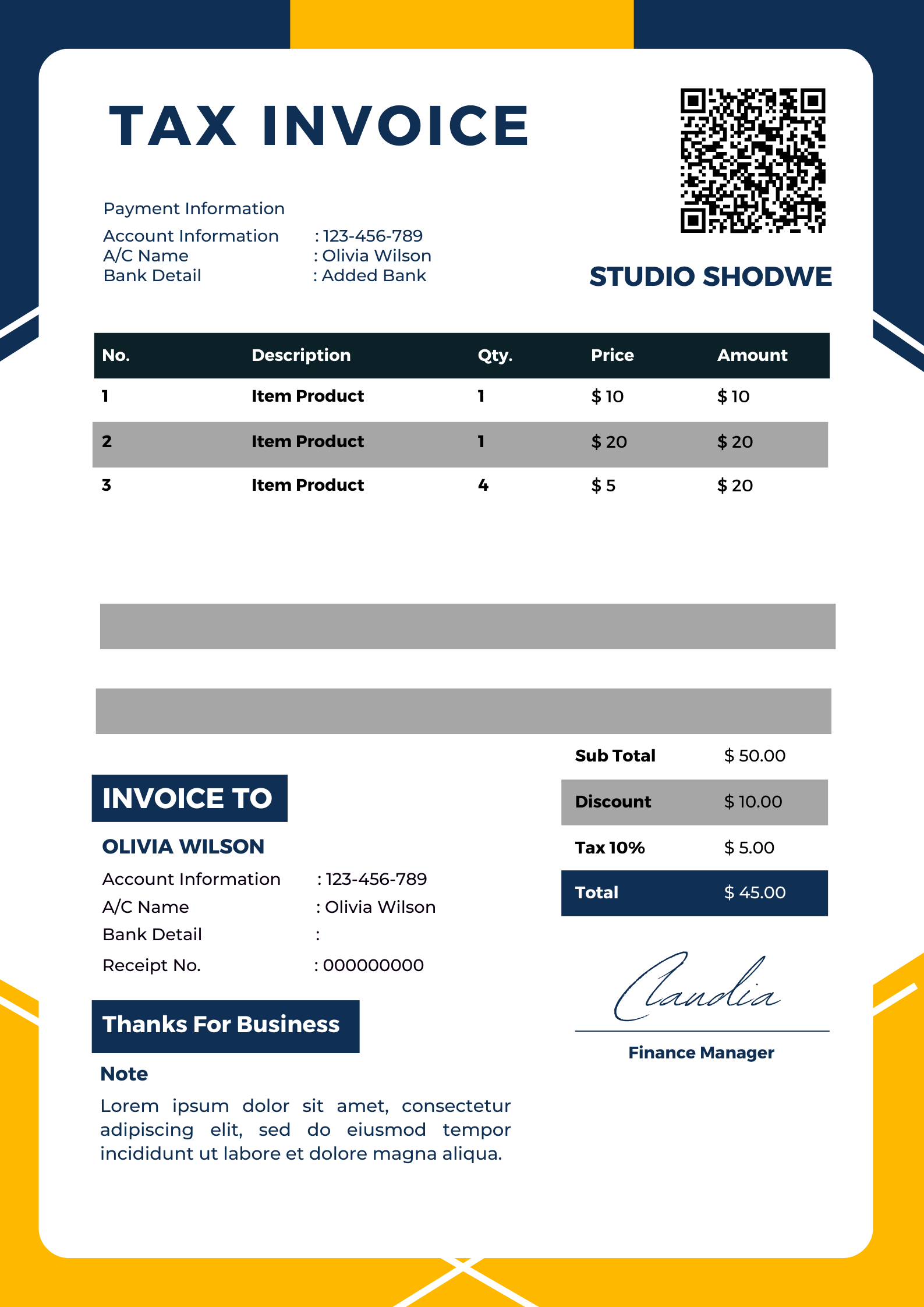 _White Navy And Yellow Modern Freelance Invoice Poster